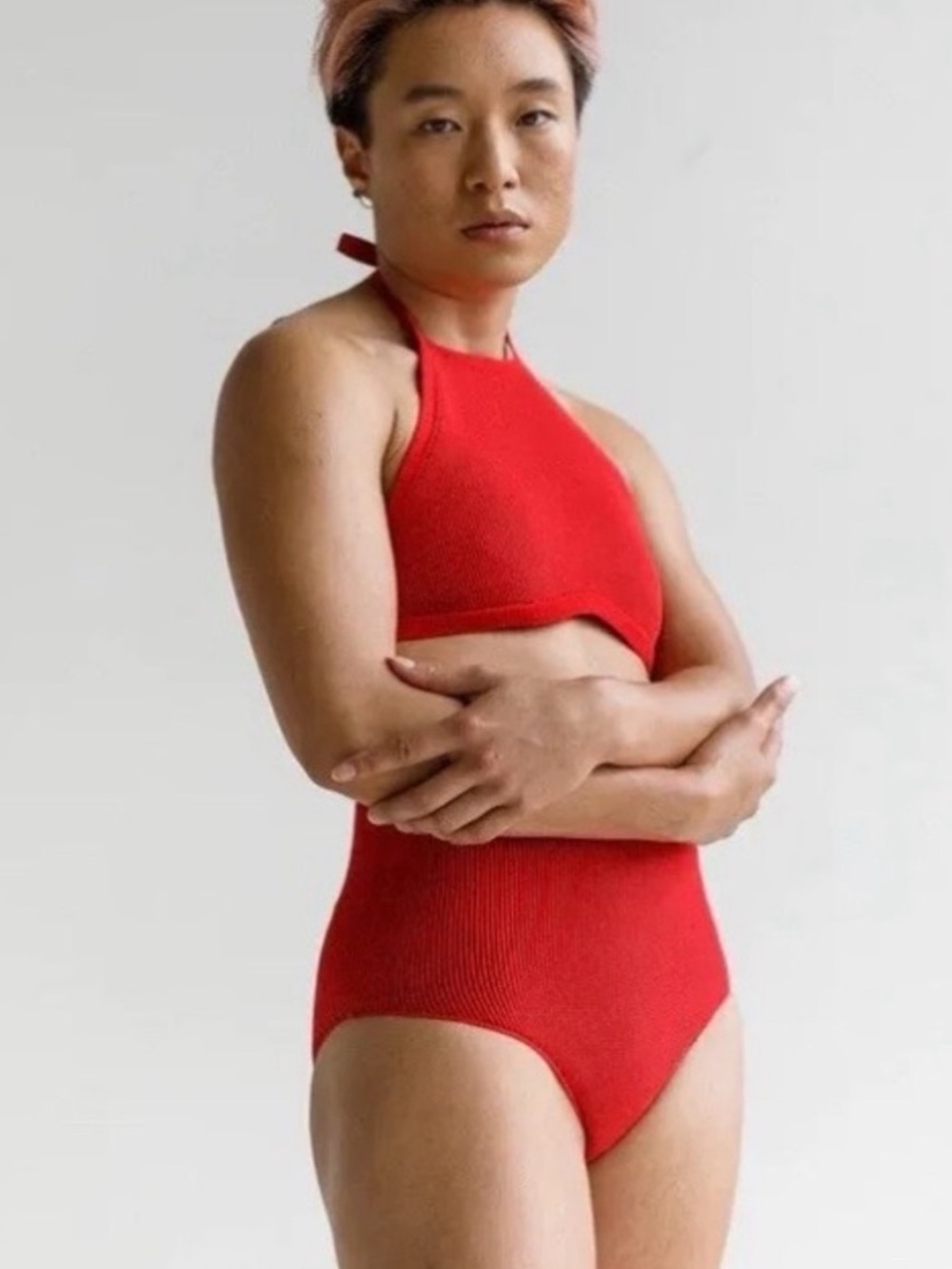 ARQ Red Halter Knit Bikini Top